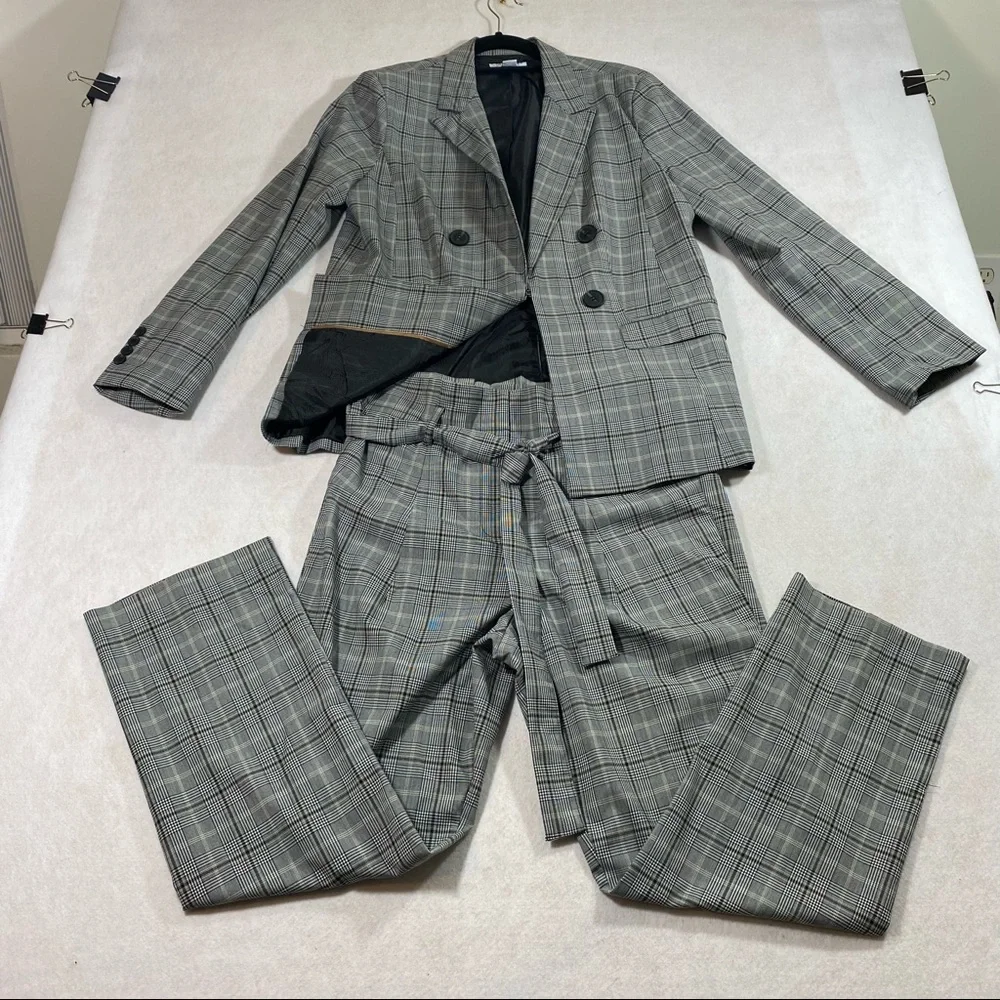 Glen Check Plaid Pant Suit Blazer Paper Bag Waist Pant Liz Claiborne Gray Black - Picture 1 of 16